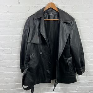 Zara Women's Faux Leather Trench Coat Long Sleeve Collared Black Size M